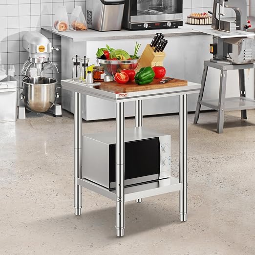 VEVOR Stainless Steel 24 x 24 x 32 Inch Commercial Kitchen Prep & Work Table Heavy Duty Metal Work Table with Adjustable Feet for Restaurant, Home and Hotel