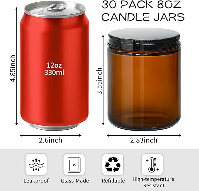 KEYWING 8 oz Candle Jars with Lids, 30 Pack Amber Glass Jars with Black Metal Lids, Round Candle Containers, Empty Jar for Making Candles, Powder, Liquid, Cream