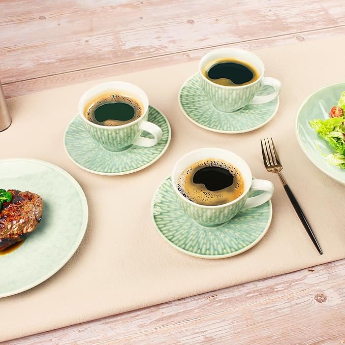 Coffee Mugs Set, 6.8 Oz,Ceramic Tea Cup with saucer, Espresso Cups 8-piece, Stackable Cups, for Latte,Hot Tea,Cappuccino, Mocha, Cocoa, dishwasher & microwave safe,Agate green