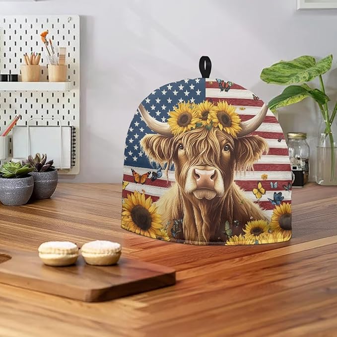 Highland Cow Tea Pot Cover for Teapot American Flag Tea Kettle Cover Keep Warm Tea Cup Dust Proof Teapot Dust Protector for 4th of July