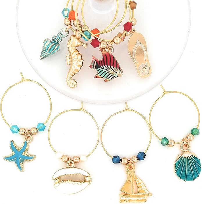 Beach Wine Charms For Beach Lovers, Host Gifts For House, Nautical Glass Tag Identifiers, Shell, Starfish, Boat, Flip Flops, and Fish Glass Markers, 8 wine Charms