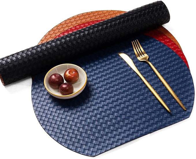 Double-Sided Color PU Faux Leather Placemats for Dining Table Set of 1/4/6 Waterproof Place Mats for Party BBQ Holiday(Grid Blue red,38x34cm 1pcs)