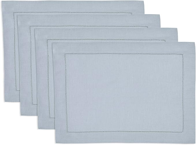Solino Home Linen Cloth Placemats Set of 4-100% Pure Linen Hemstitch Dusty Blue Placemats 14 x 19 Inch - Classic Hemstitch Table Place Mats for Winter, Spring, Easter