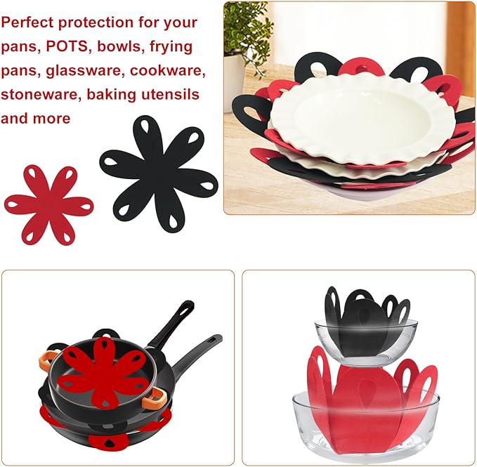 20 Pcs Felt Pot and Pan Protectors Larger & Thicker Colorful Pot Separators Pads 9/12/14/16 Inch for Stacking and Protecting Glassware, Cookware and More (Red Black)