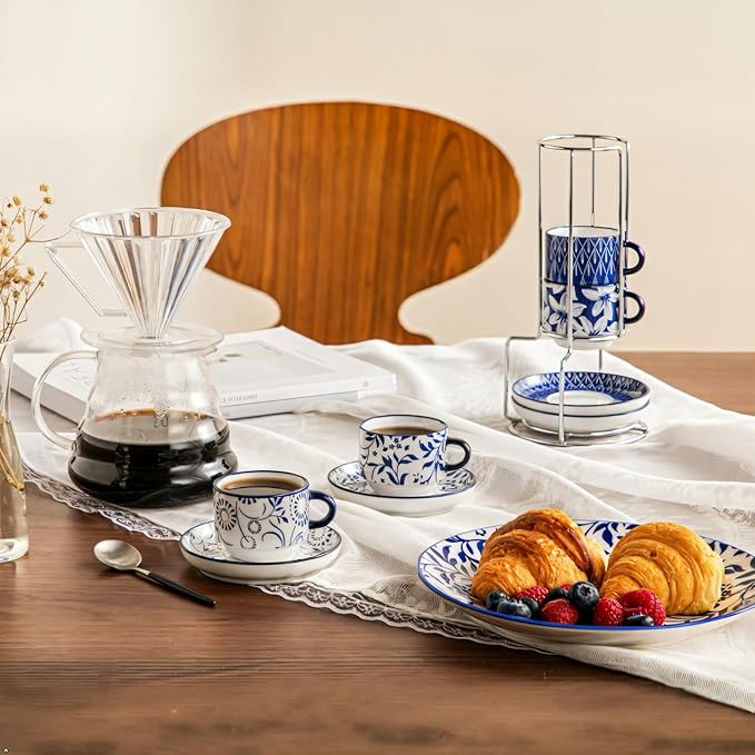vancasso 2.5OZ Espresso Cups Set of 4, Porcelain Stackable Cappuccino Cups, Demitasse Coffee Cups and Saucers Set with Metal Stand for Specialty Drinks, Series SELENE (Vintage Blue, 2.5 Ounce)