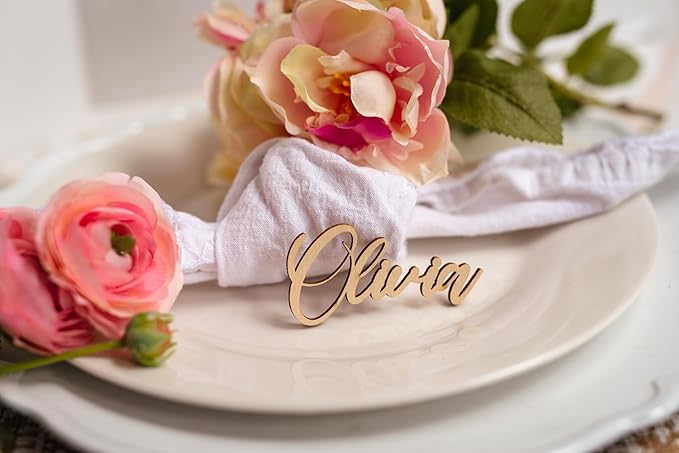 Customized Wooden Name Tags for Place Setting, Personalized Place Cards for Weddings, Bridal Showers and Events, Cursive Laser Cut Seating Cards (Raw Wood)