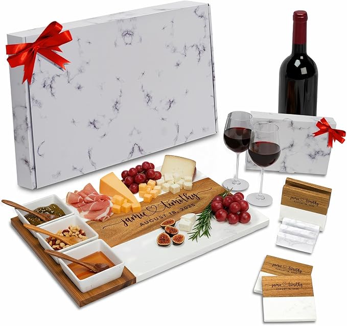 Personalized Charcuterie Board Set, Wedding Gift for Couples, Custom Engraved Marble Wood Cheese Board, Bridal Shower & Engagement Gift, Mr & Mrs Cheese Serving Board for Newlyweds