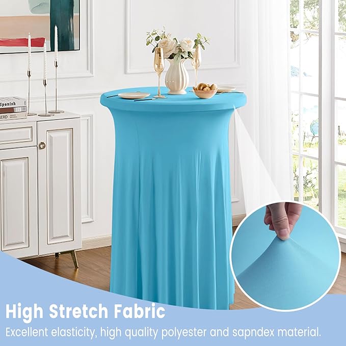 Qubjus 2 Pack Round Cocktail Table Covers with Skirt Stretch Spandex Tablecloth 24"x43" Cocktail Round Tablecloth for Party Wedding Birthday Banquet, Azure