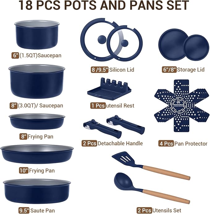 Ammeloo 18-Piece Ceramic Pots and Pans Set Non Stick, Non Toxic Cookware Set with Removable Handles, Pot Sets for Cooking, Induction Ready, Dishwasher & Oven Safe, PFAS PFOA & PTFE Free