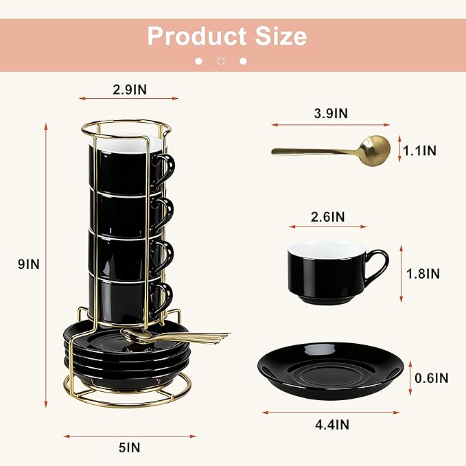 3 Ounce Espresso Cups Set of 4, Stackable Demitasse Mugs, Includes Display Stand, Cups Saucers, and Spoons, for Machines & Home Use, Black, Gold Tone