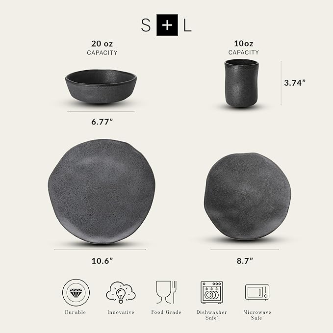 Stone by Mercer Project HEKONDA Modern Debossed Stoneware 16-Piece Dinnerware Set,Plate and Bowl Set, Dish Set for 4, Gray