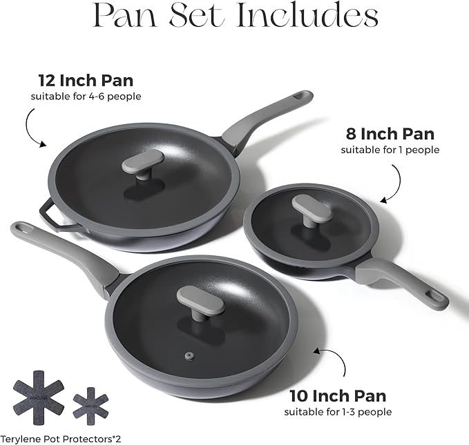 PRICUSIS 8Pcs Nonstick Frying Pan Set with Lid, 8+10+12 Inch Induction Compatible Skillet with Stay Cool Handle, Fully Coated, 100% Dishwasher Safe, PTFE & PFOA Free (Black Sesame)