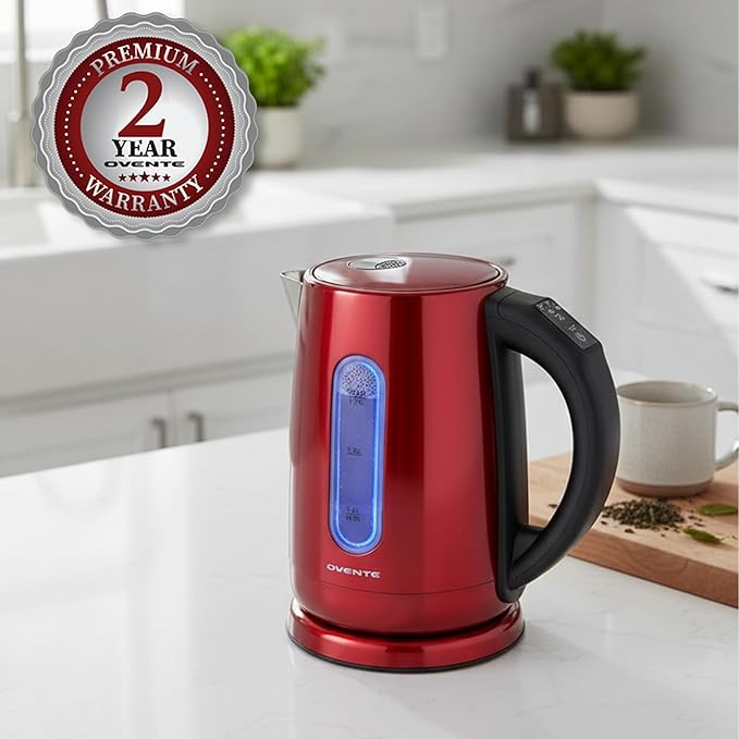 OVENTE Electric Kettle, 1.7L Stainless Steel Water Boiler and Heater with 1100W Power, Temperature Control, Keep Warm Function, Auto Shut-Off, Boil-Dry Protection and Cordless Serving, Red KS58R