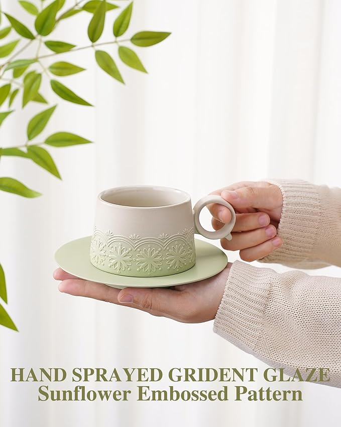 ZENS 7.3 Ounce Cappuccino Mug Set of 2, Artistic Embossed Ceramic Cappuccino Cups with Saucers for Cafe Matcha, Double Espresso Cups Set of 2 for Au Lait or Tea, Coffee Lovers Gifts, Pale Green