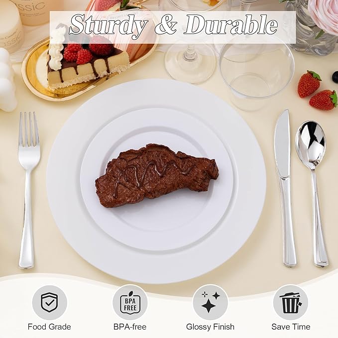 BESTSTAR 100PCS White Plastic Plates Set, 50 10.25 inch Dinner Plate and 50 7.5 inch Dessert Plates, Premium Disposable Plates for Party, Wedding