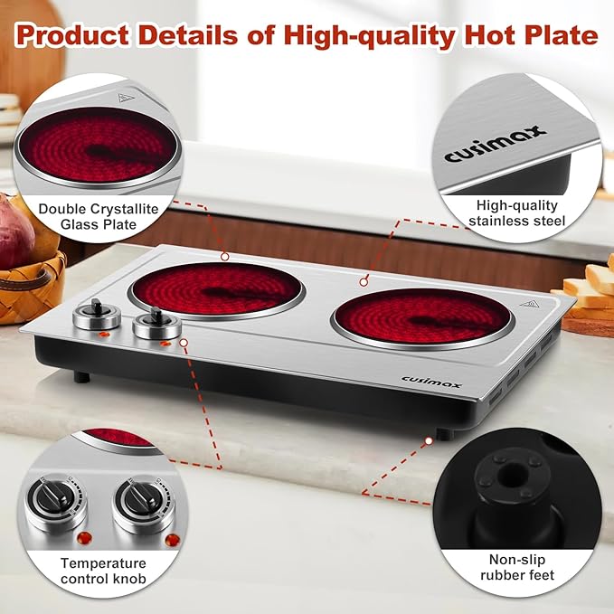 Hot Plate,Cusimax Dual Infrared Burner, Electric Ceramic Glass Stove,Adjustable Temperature Control,Stainless Steel,Compatible of all Cookware,Easy Clean for Home, Dorm, Office