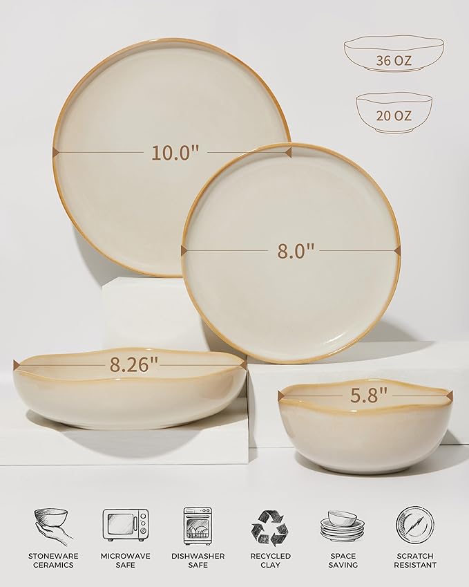 32 Piece Dinnerware Set for 8 with Pasta Bowls, Yellow White Reactive Glaze Stoneware | All‑in‑One Host Set for Entertaining, Holiday Meals, Multi‑Course Dish Set | Unique Irregular Look