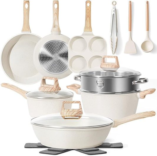 17 Pcs Pots and Pans Set Non stick，Cookware Sets White Granite Induction Cookware, Non-toxic Healthy Non Stick Kitchen Cooking Set with Frying Pans Set, Saucepans (PFAS, PFOA, PFOS Free) White