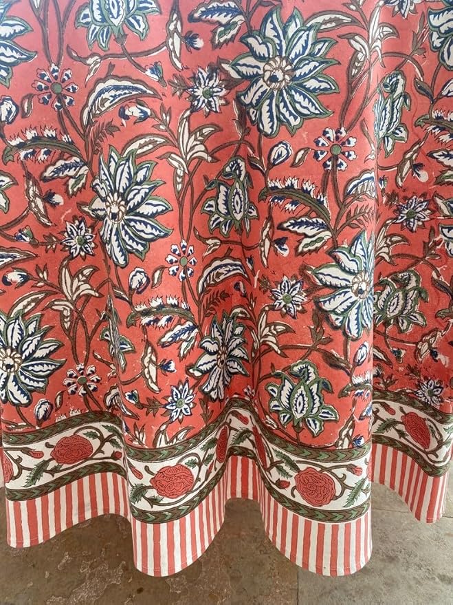 Ridhi Block Print Round Peach and Berry Blue Reusable Tablecloth 100% Cotton 132" Inch Decorative Table Cover eveyday Dining, Home, Party, Wedding, Farmhouse Gift for Spring, Easter, Valentine