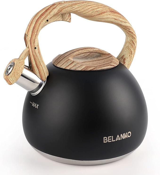 BELANKO 2.7 Quart Tea Kettle for Stovetops - Food Grade Stainless Steel Teapot with Loud Whistle, Cool-Touch Wood Pattern Handle, Rust-Resistant Whistling Kettle - Matte Black