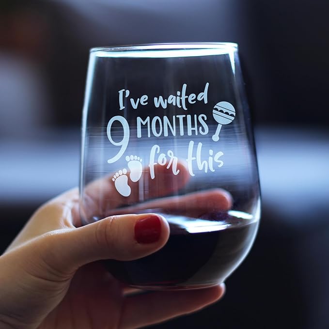 Bevvee Waited 9 Months For This - Funny New Mom Stemless Wine Glass - Push Presents for Expectant Moms and Post Pregnancy Gifts - Set of 2 - Large 17 Ounce