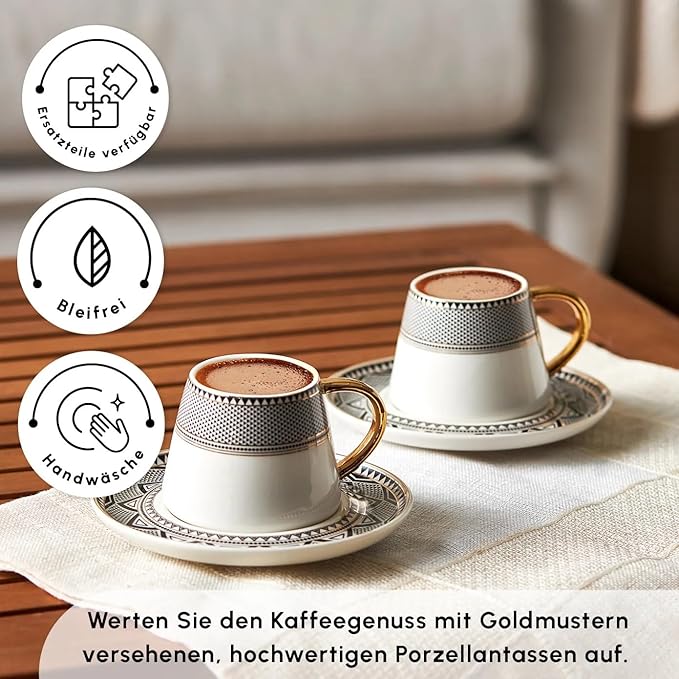 KARACA Globe Turkish Coffee Cup Set of 6, 80ml, 2.7 oz, Small Espresso Cups with Saucers, Porcelain, Black Patterns, and Gold Handles, Ideal for Serving Greek, Arabic Coffee