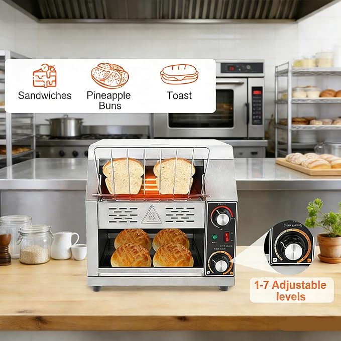 Commercial Conveyor Toaster, 1-7 Gears Electric Stainless Steel Restaurant Toaster Oven with Importing Grid & Crumb Tray Maximum Heating 300°C/572°F for Restaurants, Hotels