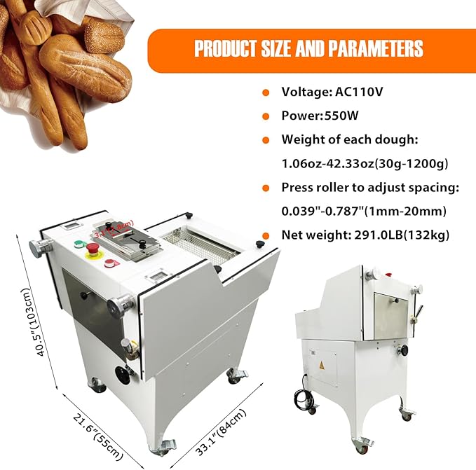 Commercial Toast Bread Shaping Machine, 11.81" Max Dough Length, 20pcs/min Dough Forming Machine for Square Bag, Bread and Baguettee 110V