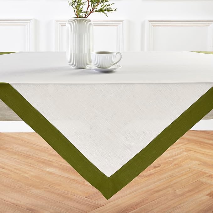 Solino Home Linen Square Tablecloth 52 x 52 Inch - 100% Pure Linen Avocado and White Table Throw - Contempo, Machine Washable Table Cloth for Winter, Spring, St Patricks Day