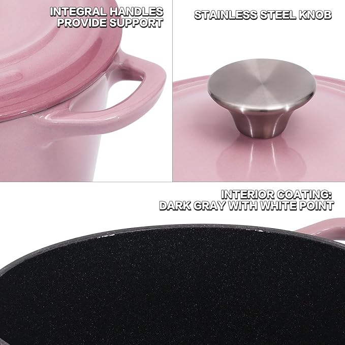 Dutch Oven Pot with Lid 1.8 qt Cast Iron Dutch Oven for Bread Baking Pink Enameled Cast Iron Rice Pot with Handels