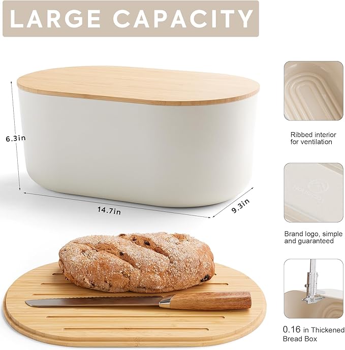 HouseJoy Large Bread Box for Kitchen Countertop,Fiber Bread Box With Cutting Board Lid,White Bread Storage for Homemade Container,Corner Bread Holder for Toast Bagel Donut Cookies