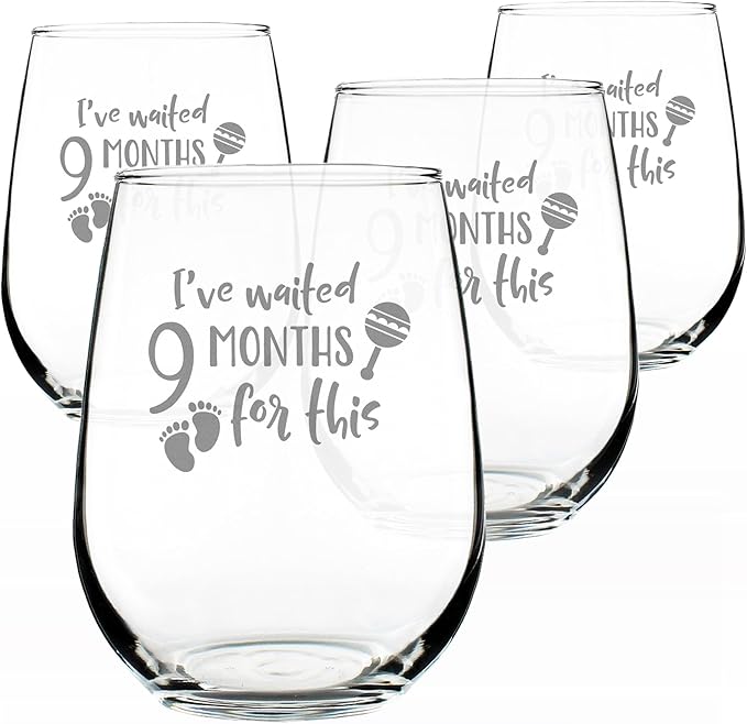 Bevvee Waited 9 Months For This - Funny New Mom Stemless Wine Glass - Push Presents for Expectant Moms and Post Pregnancy Gifts - Set of 4 - Large 17 Ounce