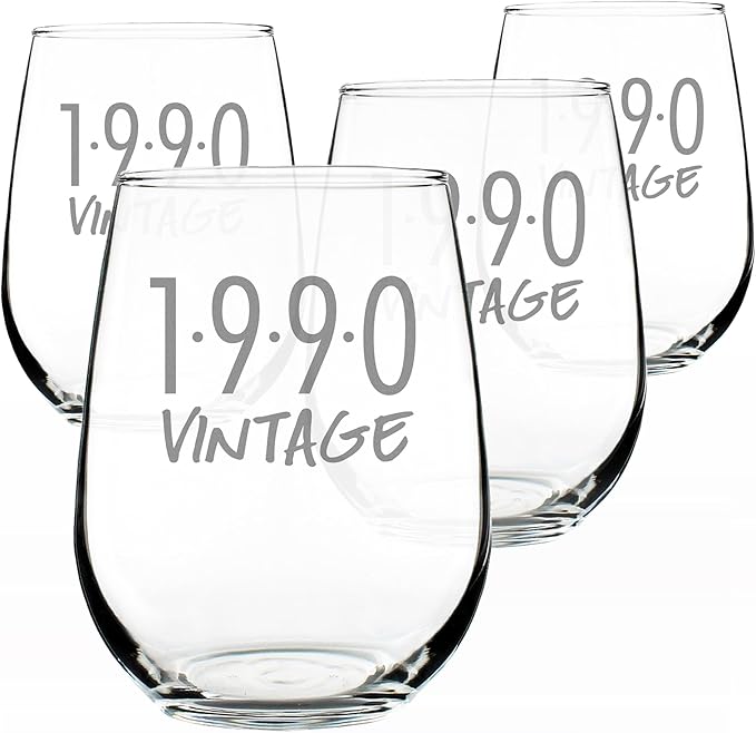 Bevvee Vintage 1990 Stemless Wine Glass - 36th Birthday Gifts for Women & Men Turning 36 - Bday Party Decor - Set of 4 - Large 17 oz