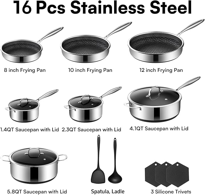 16-Piece 5 Ply Stainless Steel Cookware Set with Lids, Pots and Pans Set Non Stick, Non-Toxic, for Induction, Oven, Dishwasher Safe, RV Essentials, Kitchen Appliances