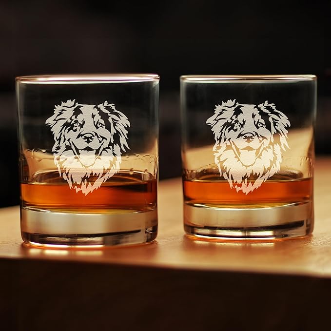 Australian Shepherd Face Whiskey Rocks Glass - Unique Dog Themed Decor and Gifts for Moms & Dads of Aussies - Set of 2-10.25 Oz