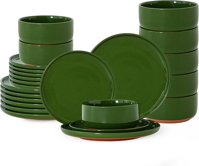 24 Piece Dinnerware Set, Dual Glaze Stoneware Plates and Bowls Sets, Modern Dinner Plate, Salad Plate, Cereal Bowl, Dish Set for 8, Microwave and Dishwasher Safe, Forest Glaze Green