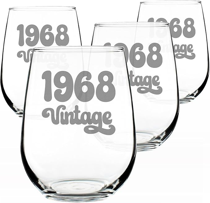 Bevvee Vintage 1968 Stemless Wine Glass - 58th Birthday Gifts for Women & Men Turning 58 - Bday Party Decor - Set of 4 - Large 17 oz
