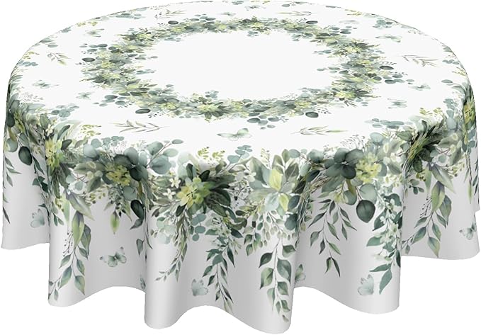 Spring Round Tablecloth 70 Inch Green Eucalyptus Leaf Circle Table Cloth Seasonal Holiday Rustic Table Cover for Party Kitchen Dinner Home Decor
