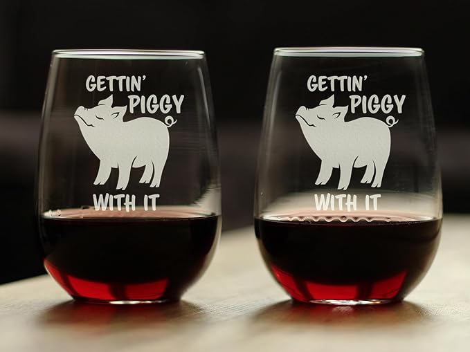 Bevvee Gettin' Piggy With It - Stemless Wine Glasses - Set of 2 - Pig Decor Gifts for Lovers of Swine and Wine - Large 17 Ounce