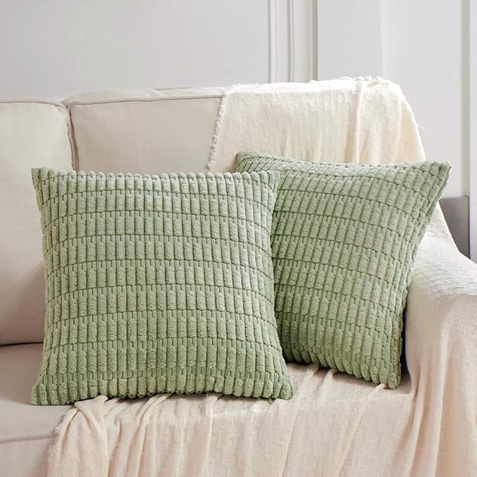 Fancy Homi 4 Packs Sage Green Decorative Throw Pillow Covers 14x14 Inch for Living Room Couch Bed Sofa, Rustic Farmhouse Boho Home Decor Soft Plush Striped Corduroy Square Cushion Case 35x35 cm