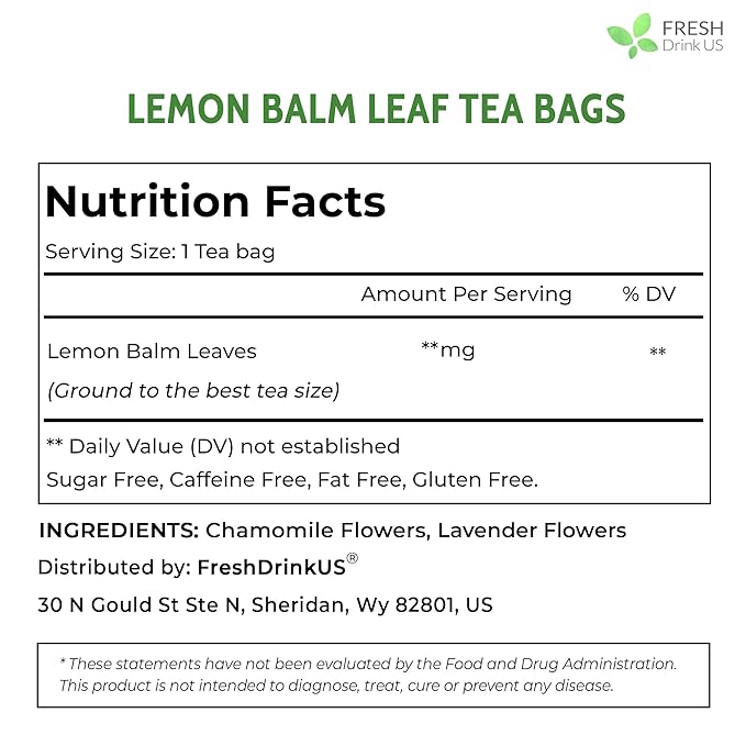 FreshDrinkUS, Lemon Balm Tea Bags | 40 Count |100% Pure Melissa officinalis – Naturally Calming Herbal Tea | Caffeine-Free, Premium Quality, Refreshing Flavor, Sustainably Sourced