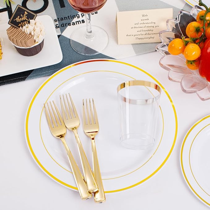 350 Pieces White and Gold Plastic Plates - 50 Guest Dinnerware Set Include 100 Plates, 50 Gold Plastic Silverware, 50 Paper Napkins and 50 Cups for Party Wedding Valentine's Day