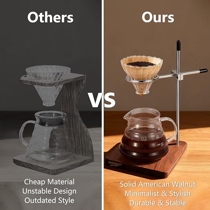 Pour Over Coffee Stand with American Black Walnut Base, Adjustable Coffee Dripper Stand, Wooden Brewing Station, Cone Holder, Elegant Gift for Brew Enthusiasts, Home Barista & Kitchen Décor