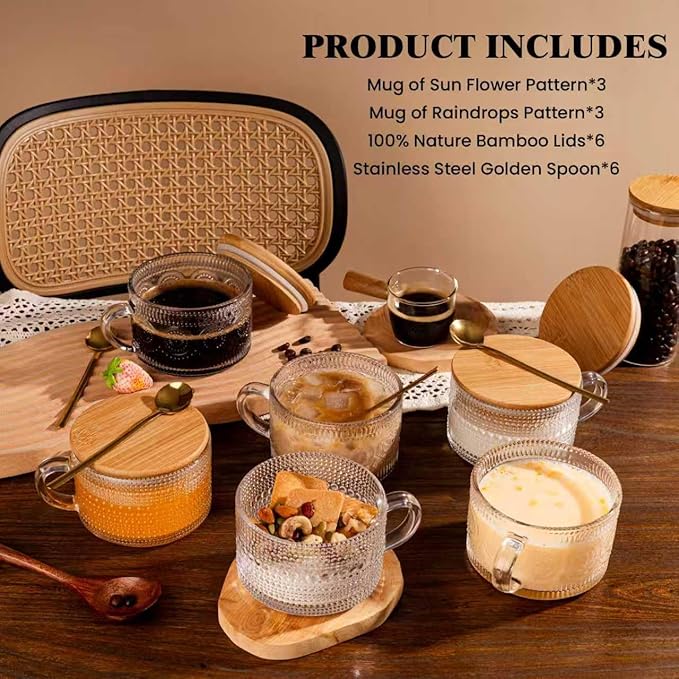 6 PACK Vintage Glass Coffee Mugs 14oz Clear Embossed Tea Cup Set with Bamboo Lids and Gold Spoons,Yogurt Bowl,kitchen gifts for women
