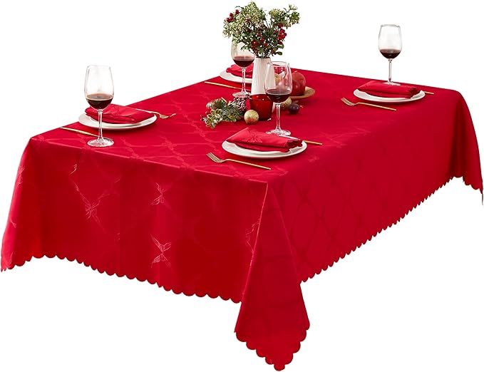 Newbridge Valentines Day Rectangle Tablecloth, 52 x 70 Inch, Ribbons and Bows Damask, Wrinkle and Stain Resistant Fabric Table Cloth, Holiday Red