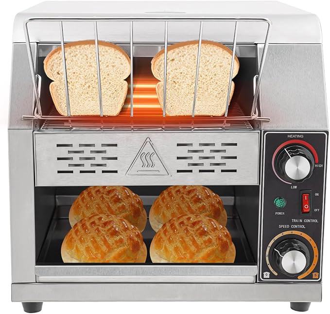 Commercial Conveyor Toaster, 1-7 Gears Electric Stainless Steel Restaurant Toaster Oven with Importing Grid & Crumb Tray Maximum Heating 300°C/572°F for Restaurants, Hotels