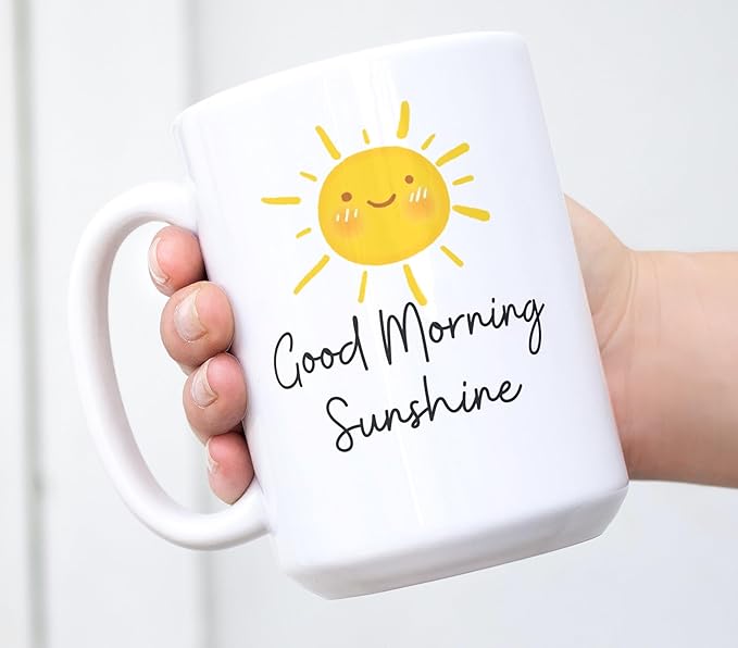 Good Morning Sunshine Coffee Mug – 15 Oz Large Ceramic Cup – Smiling Sun Design – Morning Gift for Her or Him – Positive Daily Quote