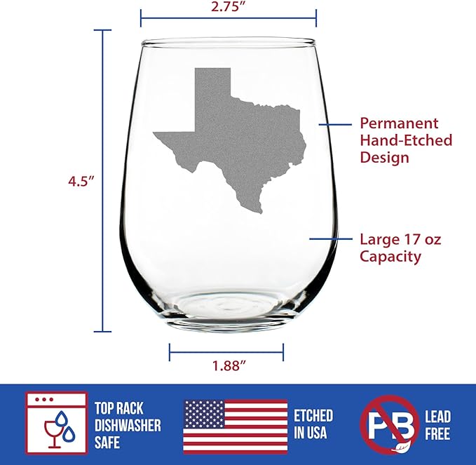Custom Texas State Outline - Personalized Stemless Wine Glass - State Themed Drinking Decor and Gifts for Texans - Large 17 Ounce - Customized Wine Glass Gift