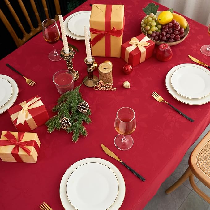 New Year Rectangle Tablecloth Christmas Red Jacquard Fabric Table Cloth Waterproof Washable Decorative Soft Table Cover for Kitchen Dinning Buffet Birthday Holiday Party(60X102 in)