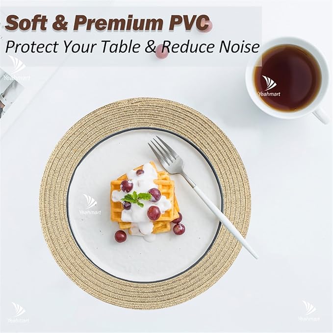 6PCS Braided Beige Round Place Mats for Kitchen Dining Table Runner Heat Insulation Non-Slip Washable Placemats Dinner(Blue)